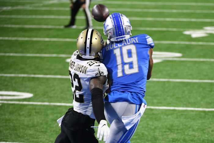 New Orleans defensive back Chauncey Gardner-Johnson defends against Detroit Lions receiver Kenny Golladay (19). Mandatory Credit: Tim Fuller-USA TODAY